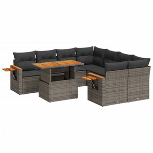 Set Divano da Giardino 9 pz con Cuscini Grigio in Polyrattan