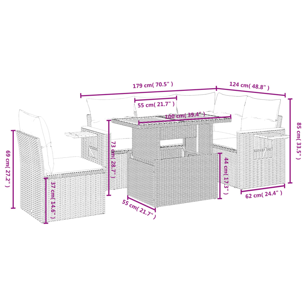 Set Divano da Giardino 6 pz con Cuscini Grigio in Polyrattan