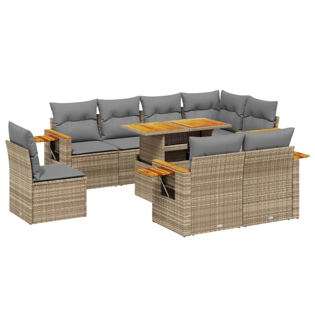 Set Divano da Giardino 9 pz con Cuscini Beige in Polyrattan