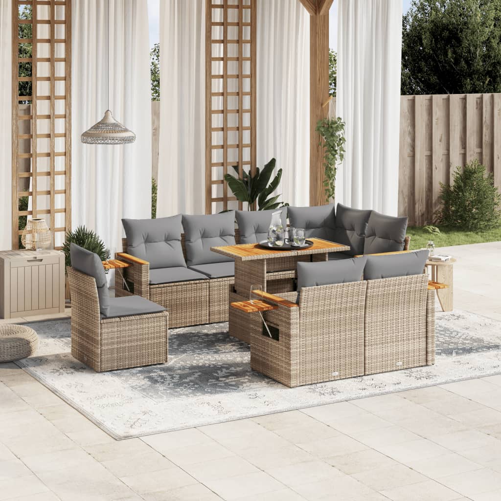 Set Divano da Giardino 9 pz con Cuscini Beige in Polyrattan