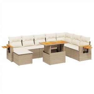 Set Divano da Giardino 9 pz con Cuscini Beige in Polyrattan