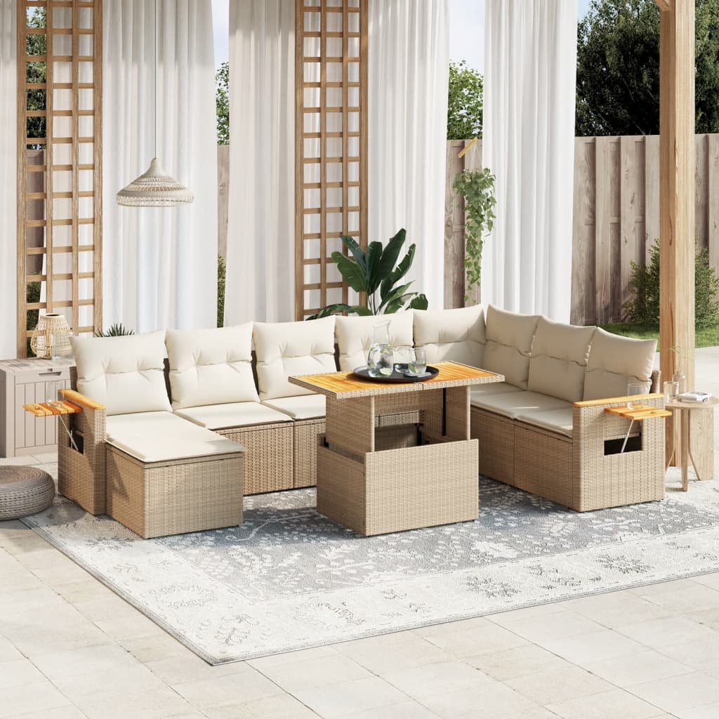 Set Divano da Giardino 9 pz con Cuscini Beige in Polyrattan