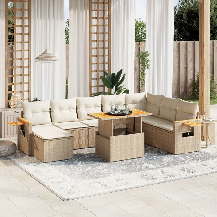 Set Divano da Giardino 9 pz con Cuscini Beige in Polyrattan