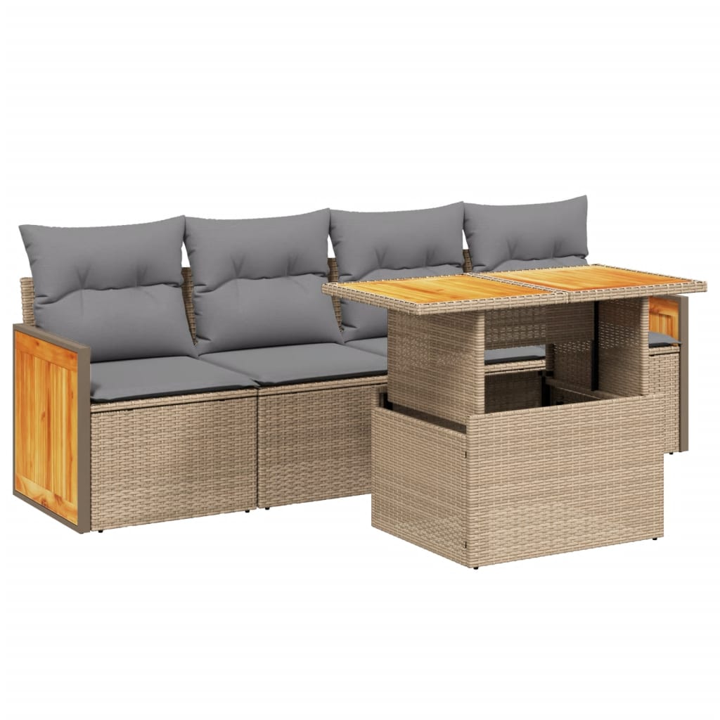 Set Divano da Giardino 5 pz con Cuscini-Sofa da Giardino-Divanetto da esterno Beige in Polyrattan 156142