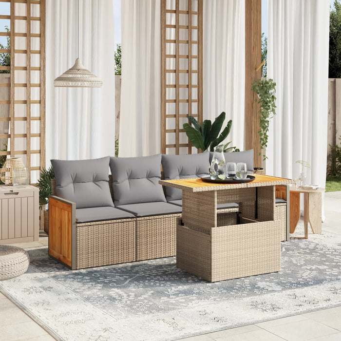 Set Divano da Giardino 5 pz con Cuscini-Sofa da Giardino-Divanetto da esterno Beige in Polyrattan 156142