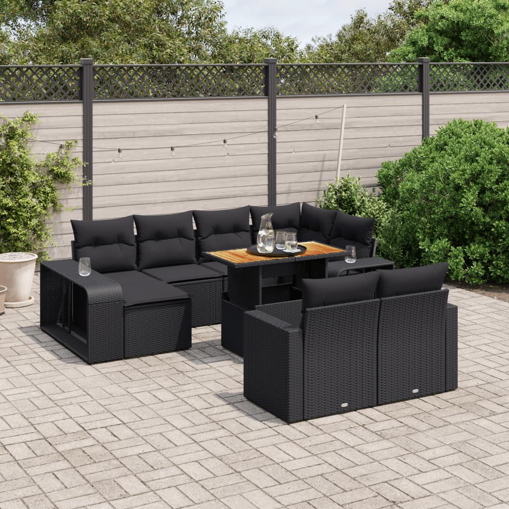 Set Divani da Giardino 11 pz con Cuscini in Polyrattan Nero