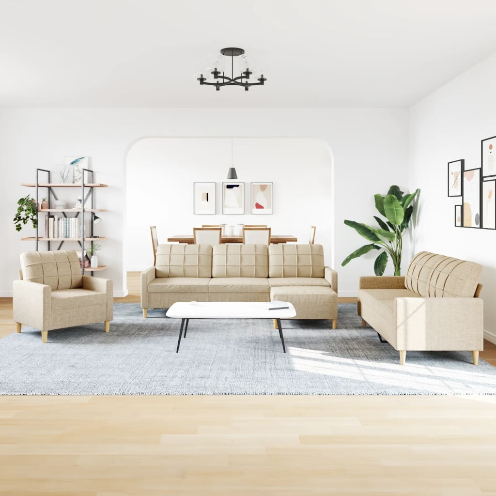 Set di Divani 4 pz con Poggiapiedi Crema in Tessuto