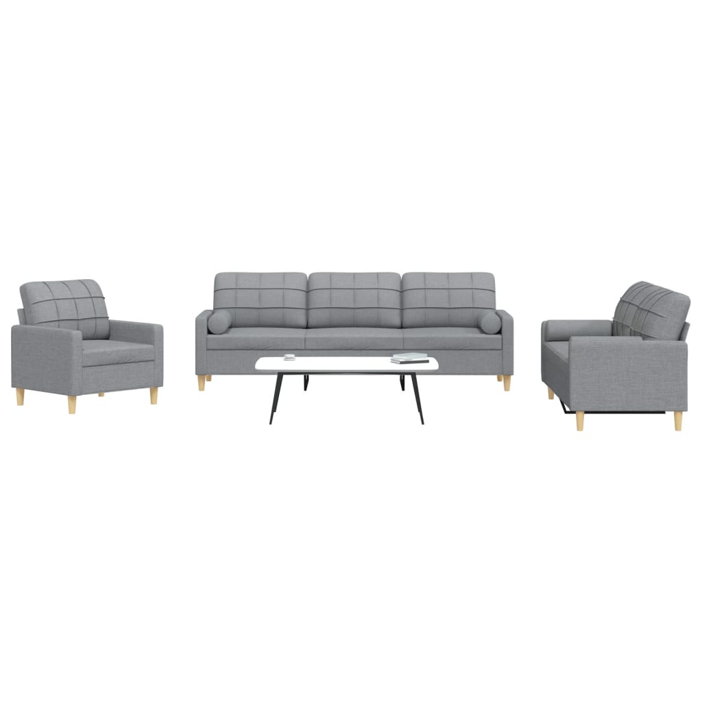 vidaXL Set Divani 3 pz con Cuscini Decorativi Grigio Chiaro in Tessuto