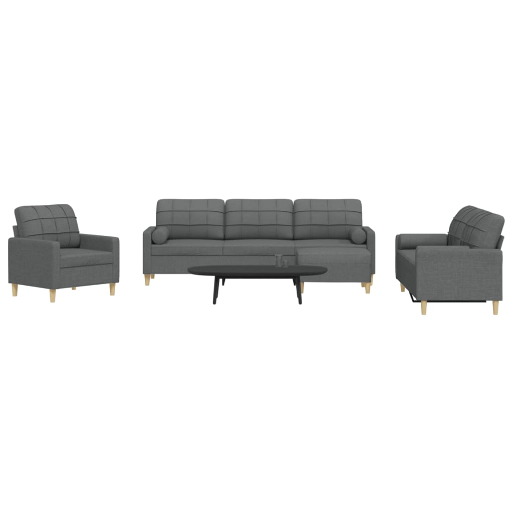 Set Divani 4 pz con Poggiapiedi e Cuscini Grigio Scuro Tessuto