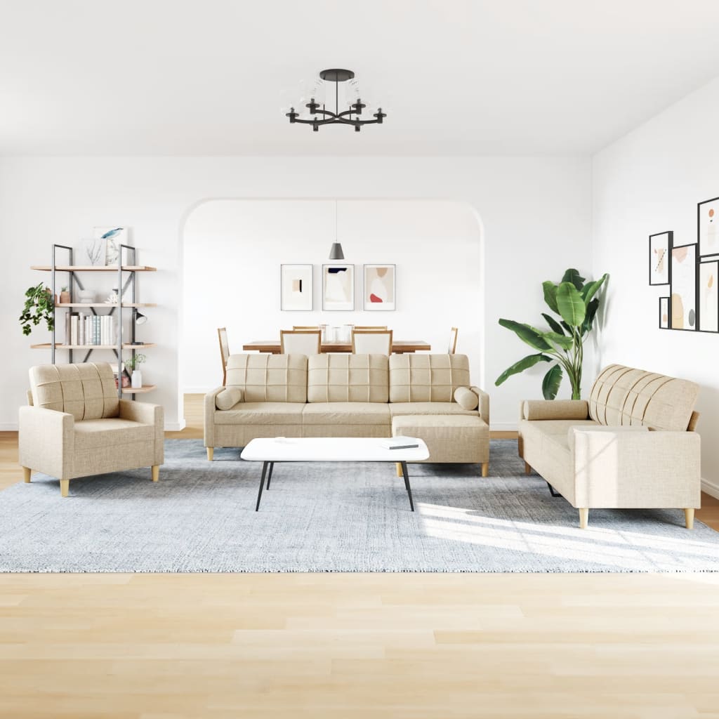 Set Divani 4 pz con Poggiapiedi e Cuscini Crema Tessuto