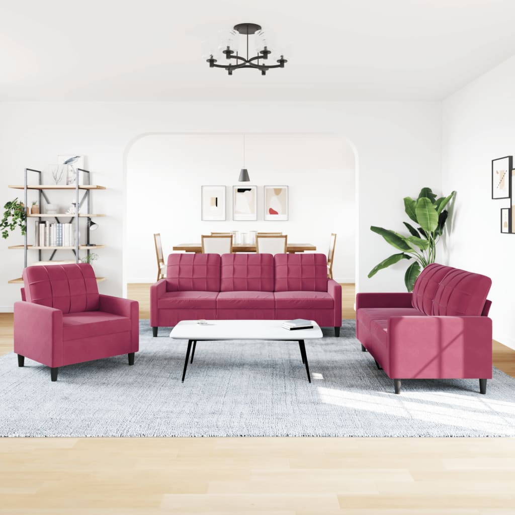 Set di Divani 3 pz con Cuscini Rosso Vino in Velluto 3278355