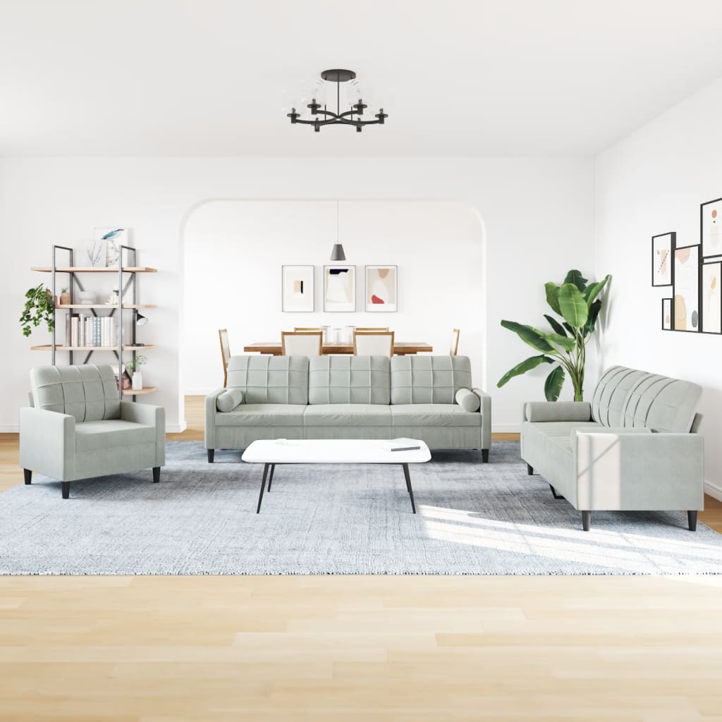 vidaXL Set di Divani 3 pz con Cuscini e Rinforzi Grigio Chiaro Velluto