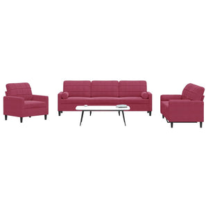 Set di Divani 3 pz con Cuscini e Rinforzi Rosso Vino in Velluto 3278455