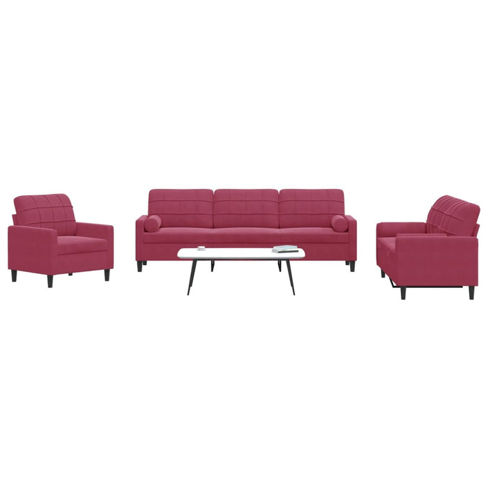 Set di Divani 3 pz con Cuscini e Rinforzi Rosso Vino in Velluto 3278455