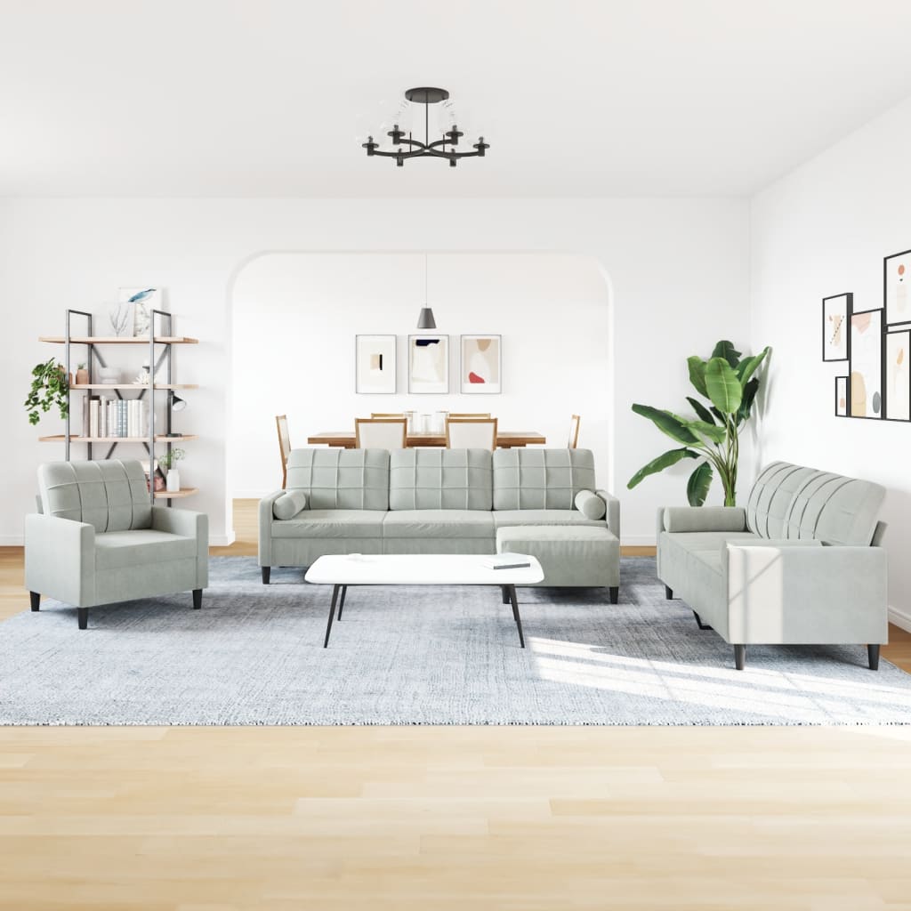 Set di Divani 4 pz con Cuscini e Rinforzi Grigio Chiaro Velluto