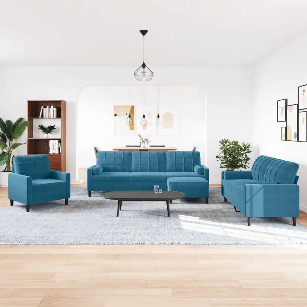vidaXL Set di Divani 4 pz con Cuscini e Rinforzi Blu in Velluto