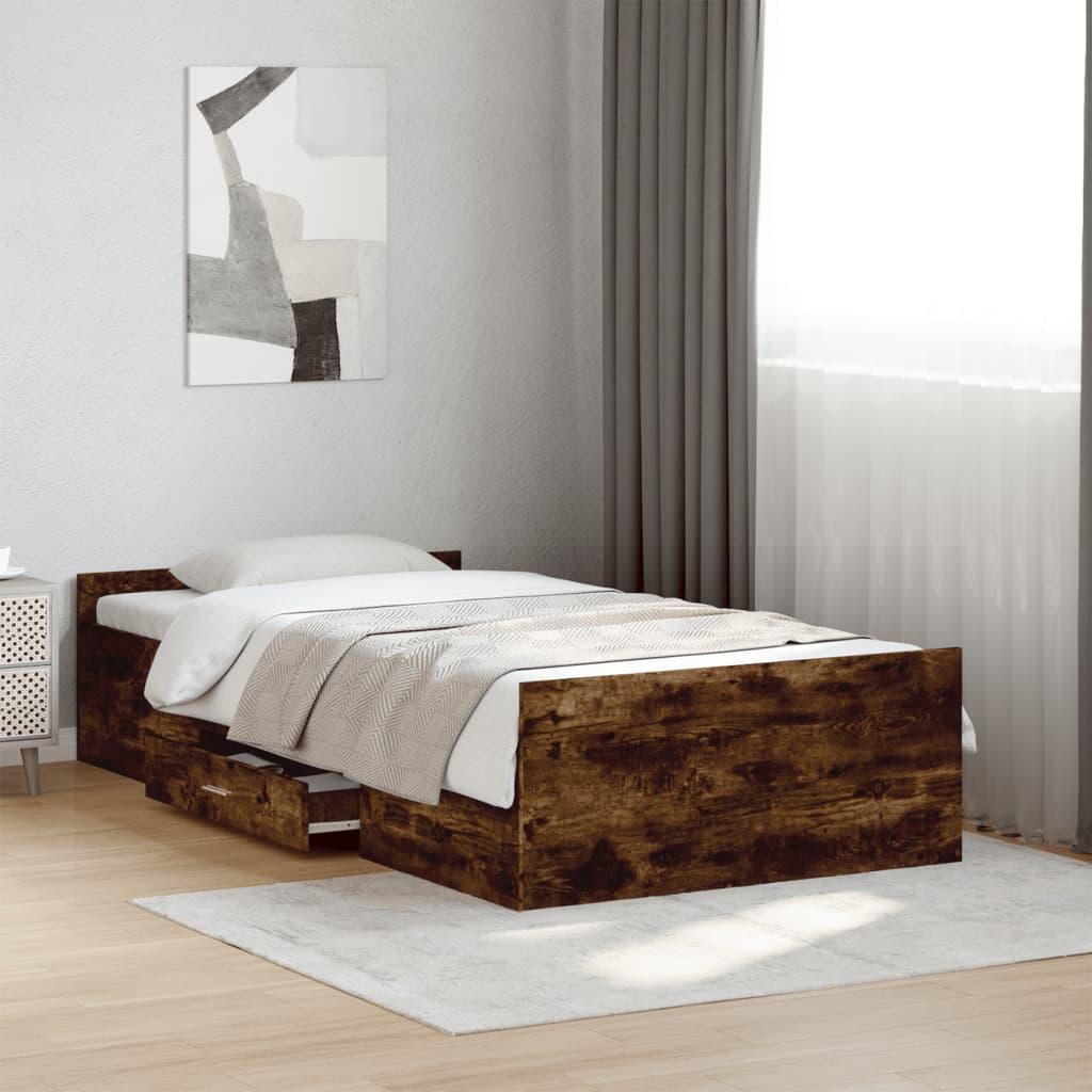 Giroletto con Cassetti-Struttura Letto con contenitore Rovere Fumo 75x190 cm Legno Multistrato 713643