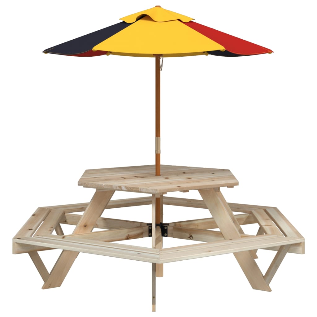 Tavolo Picnic per 6 Bambini con Ombrellone Esagono Legno Abete 3281625