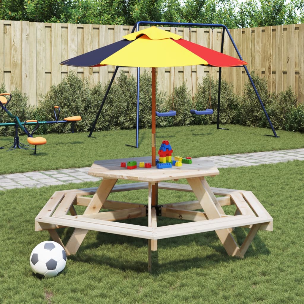 Tavolo Picnic per 6 Bambini con Ombrellone Esagono Legno Abete 3281625