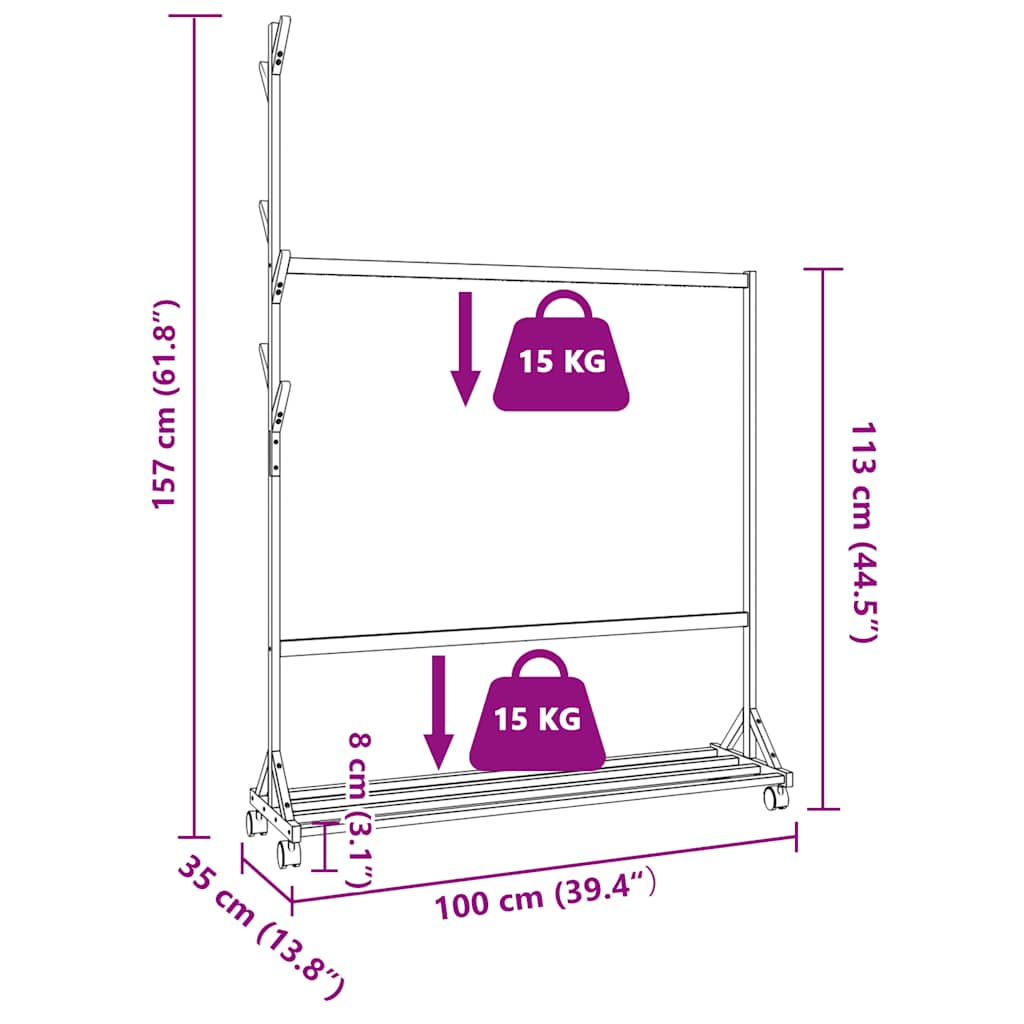 Appendiabiti con Ganci e Ruote 100x35x157 cm in Bambù 4008915