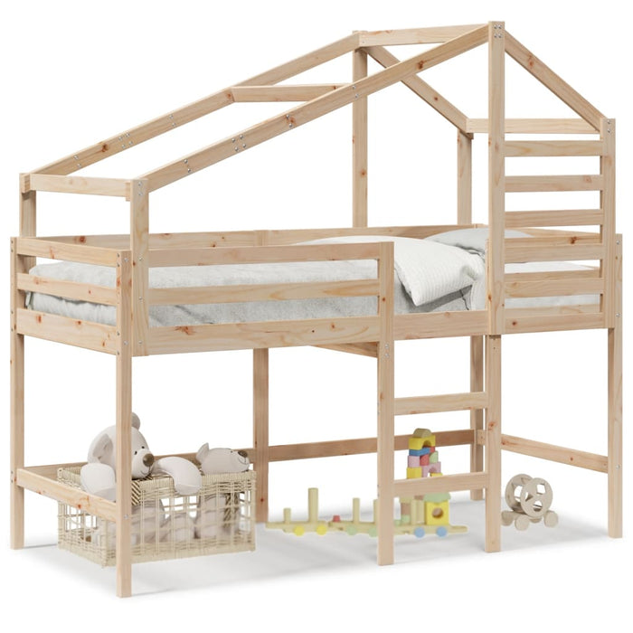 Letto Soppalco con Scala e Tetto 90x200 cm Legno Massello Pino