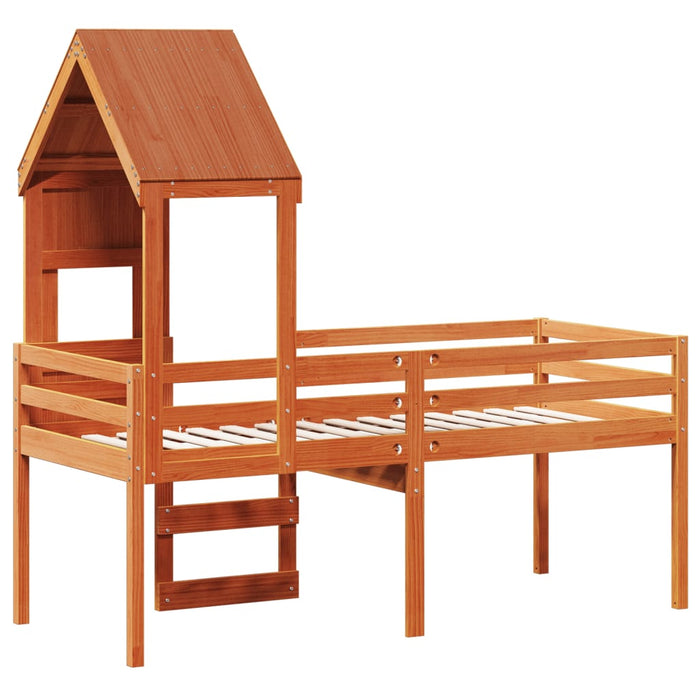 Letto a Soppalco con Tetto Cera 75x190cm Legno Massello di Pino