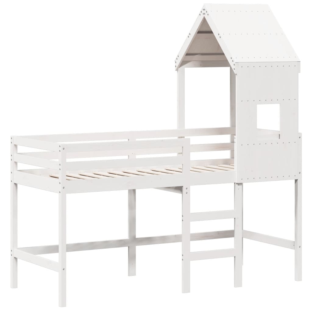 Letto Soppalco con Scala e Tetto Bianco 80x200 cm Massello Pino 3282023