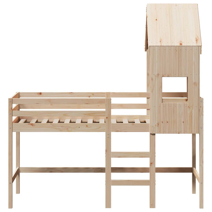 Letto Soppalco con Scala e Tetto 90x190 cm Legno Massello Pino 3282026