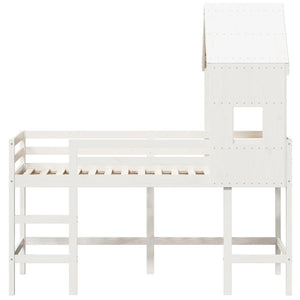 Letto Soppalco con Scala e Tetto Bianco 90x200 cm Massello Pino 3282031