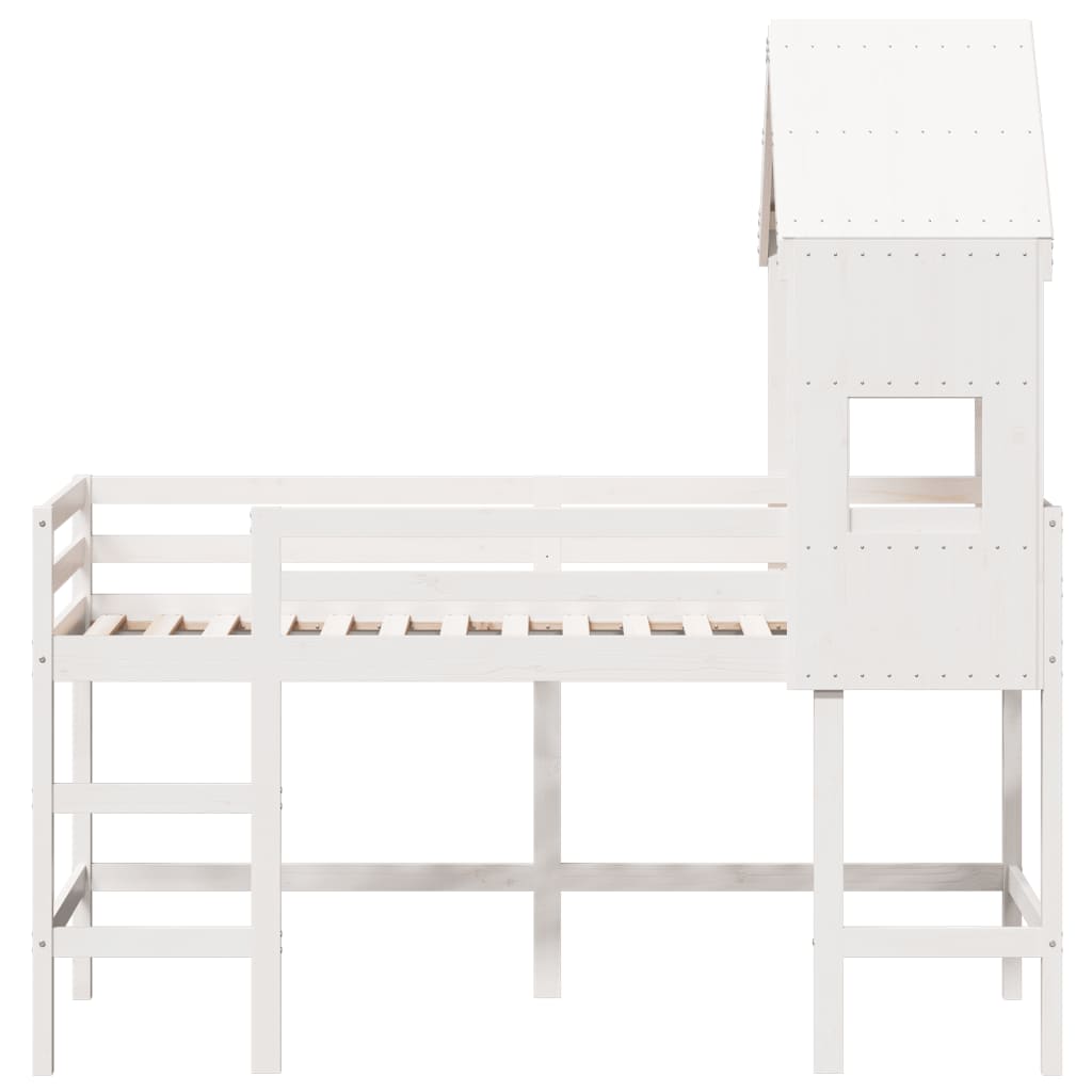 Letto Soppalco con Scala e Tetto Bianco 90x190 cm Massello Pino