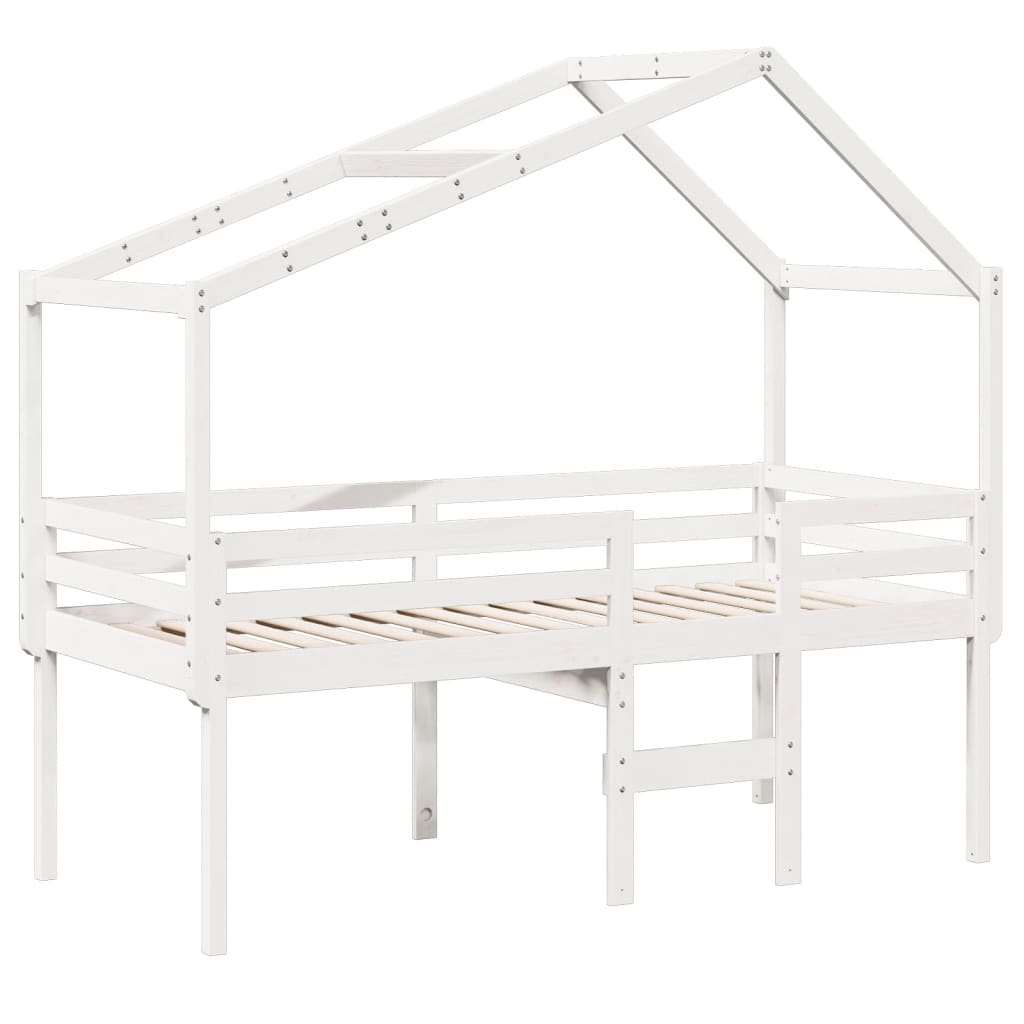 Letto a Soppalco con Tetto Bianco 90x200 cm Legno Massello Pino