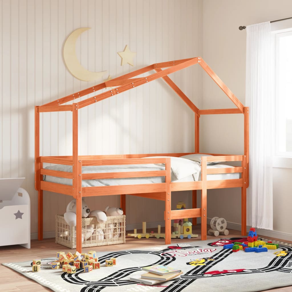 Letto a Soppalco con Tetto Cera 90x190cm Legno Massello di Pino 3282060