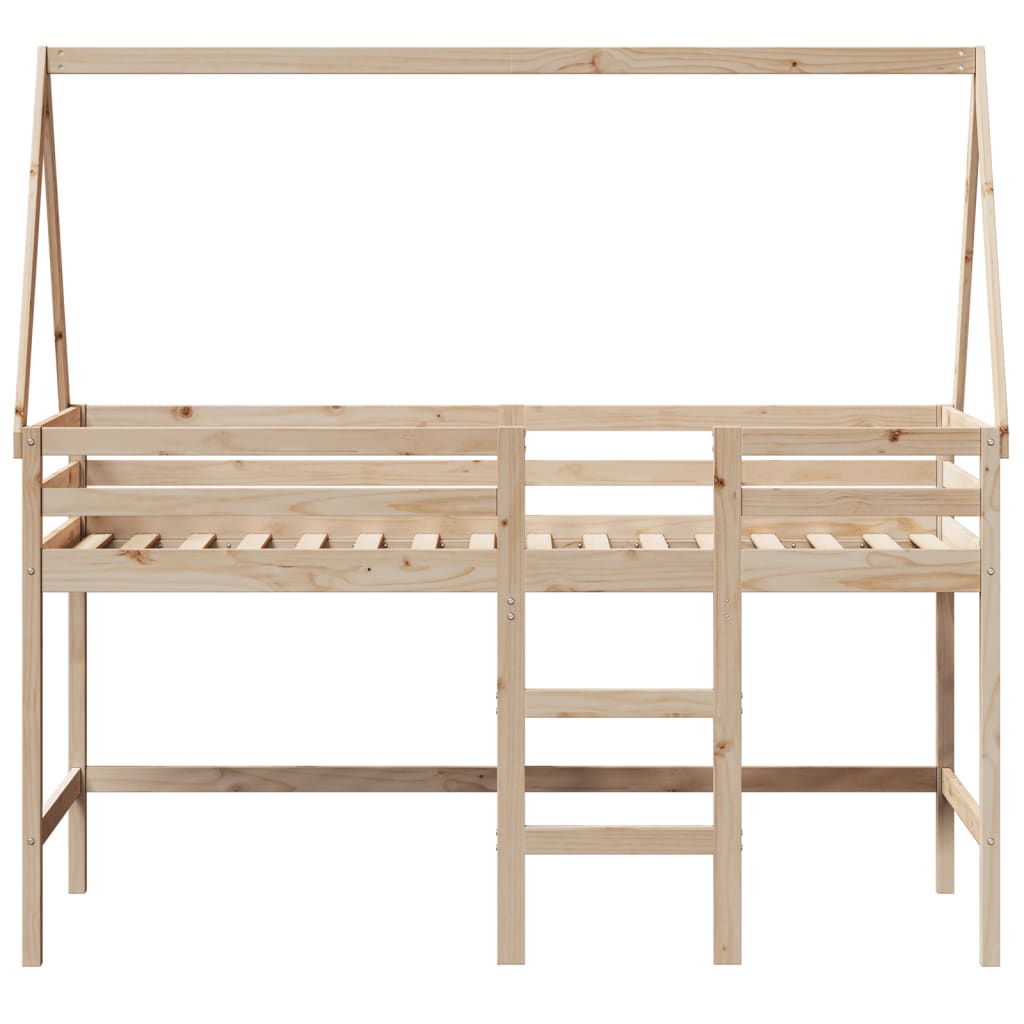 Letto Soppalco con Scala e Tetto 90x190 cm Legno Massello Pino