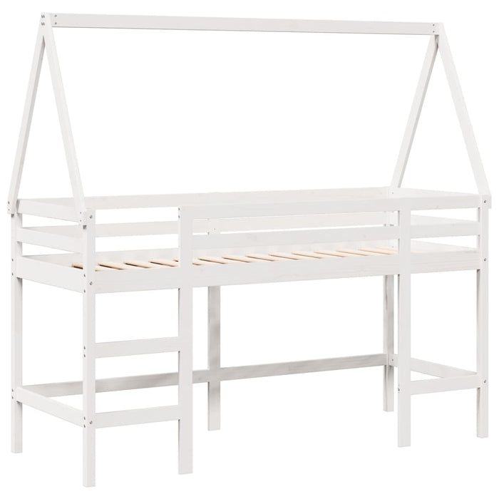 Letto Soppalco con Scala e Tetto Bianco 90x190 cm Massello Pino