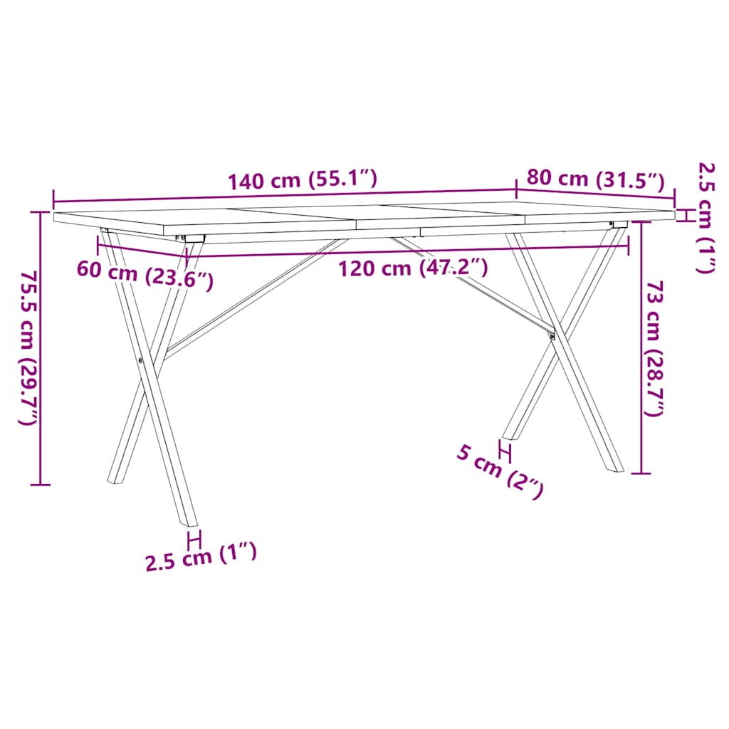 Tavolo da Pranzo Telaio a X 140x80x75,5 cm Legno Pino e Acciaio 3282764