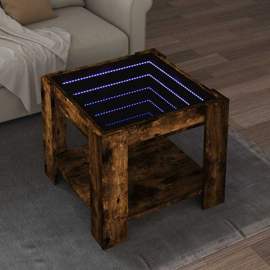 Tavolino Salotto con LED-Tavolino da soggiorno-Tavolo Rovere Fumo 53x53x45 cm Multistrato