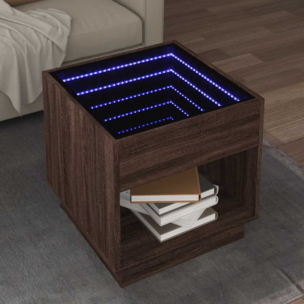 Tavolino da Salotto con LED Infinity-Tavolino da soggiorno Rovere Marrone 50x50x50 cm