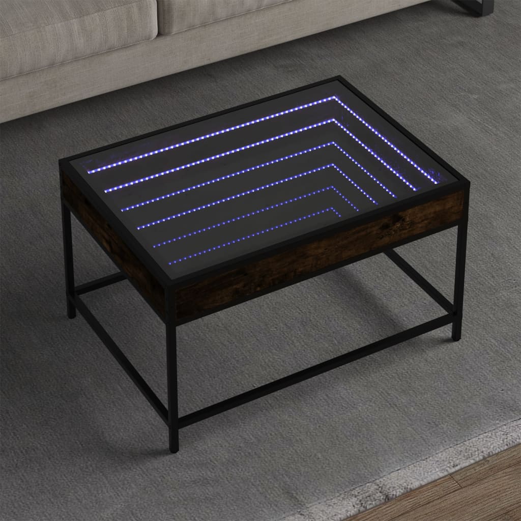 Tavolino da Salotto con LED Infinity-Tavolino da soggiorno Rovere Fumo 70x50x41 cm