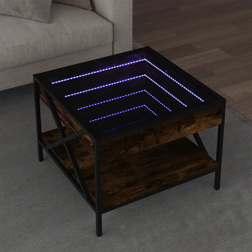 Tavolino da Salotto con LED Infinity-Tavolino da soggiorno Rovere Fumo 50x50x38 cm