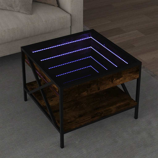 Tavolino da Salotto con LED Infinity-Tavolino da soggiorno Rovere Fumo 50x50x38 cm