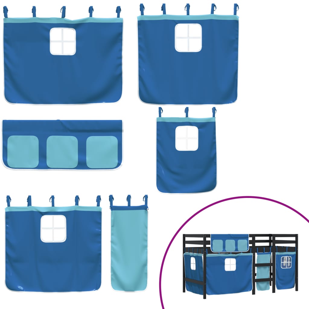 Letto a Soppalco con Tende Bambini Blu 80x200 cm Massello Pino 3283815