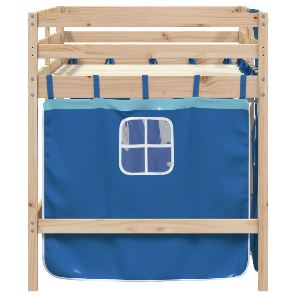 Letto a Soppalco con Tende Bambini Blu 90x200 cm Massello Pino 3283818