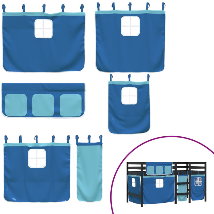 Letto a Soppalco con Tende Bambini Blu 90x200 cm Massello Pino