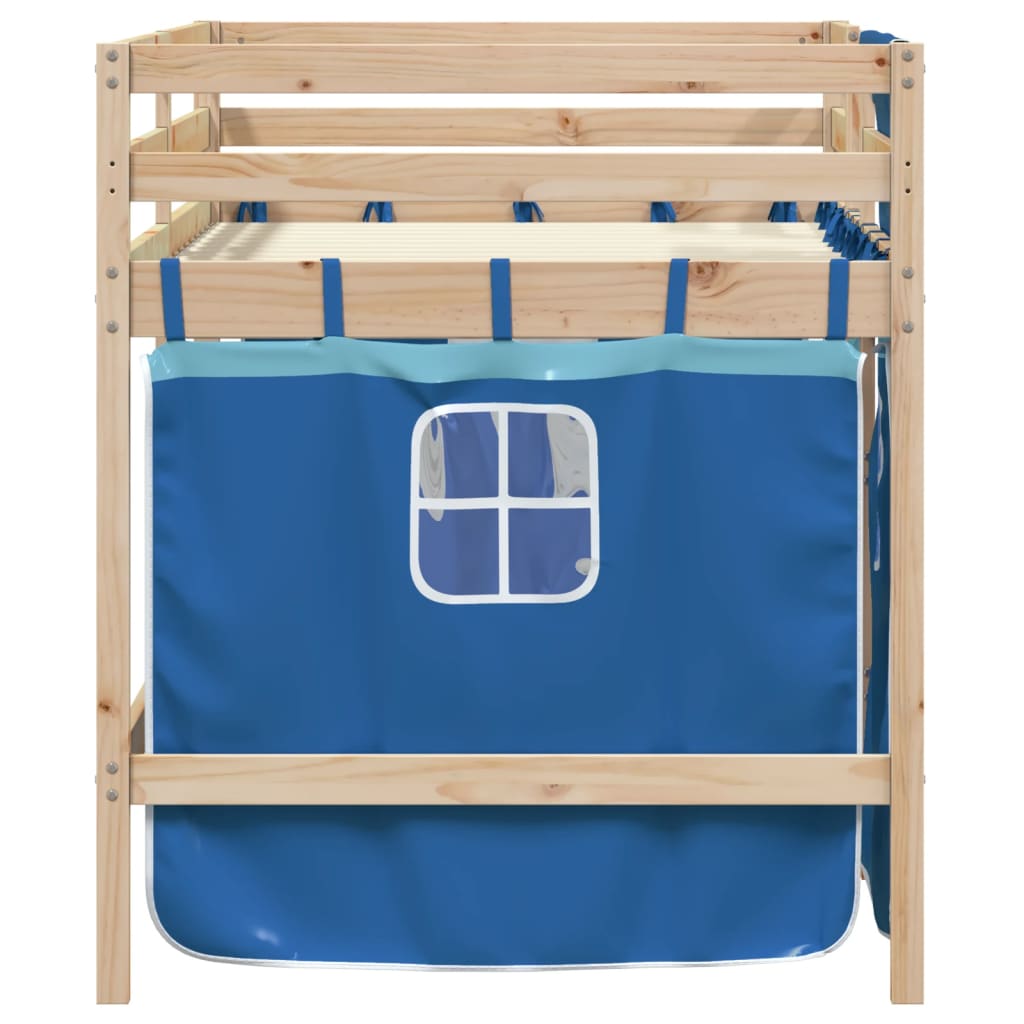 Letto a Soppalco Bambini con Tende Blu 90x190 cm Massello Pino