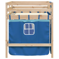 Letto a Soppalco Bambini con Tende Blu 90x190 cm Massello Pino