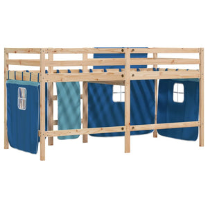 Letto a Soppalco Bambini con Tende Blu 90x190 cm Massello Pino