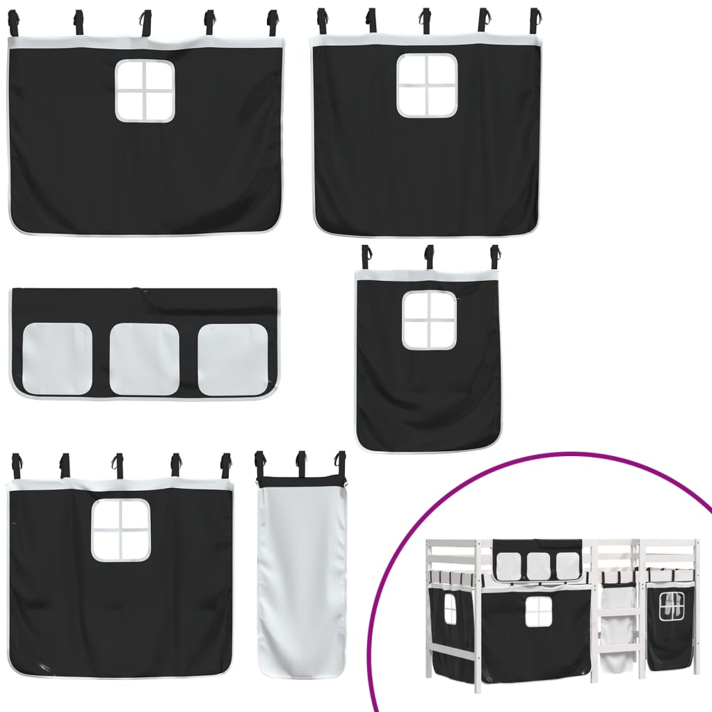 Letto a Soppalco Bambini con Tende Bianco e Nero 90x190 cm Pino 3283829