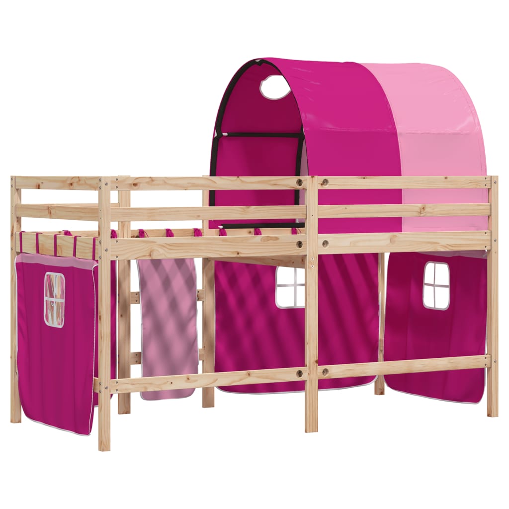 Letto a Soppalco con Tunnel Bambini Rosa 90x200cm Massello Pino