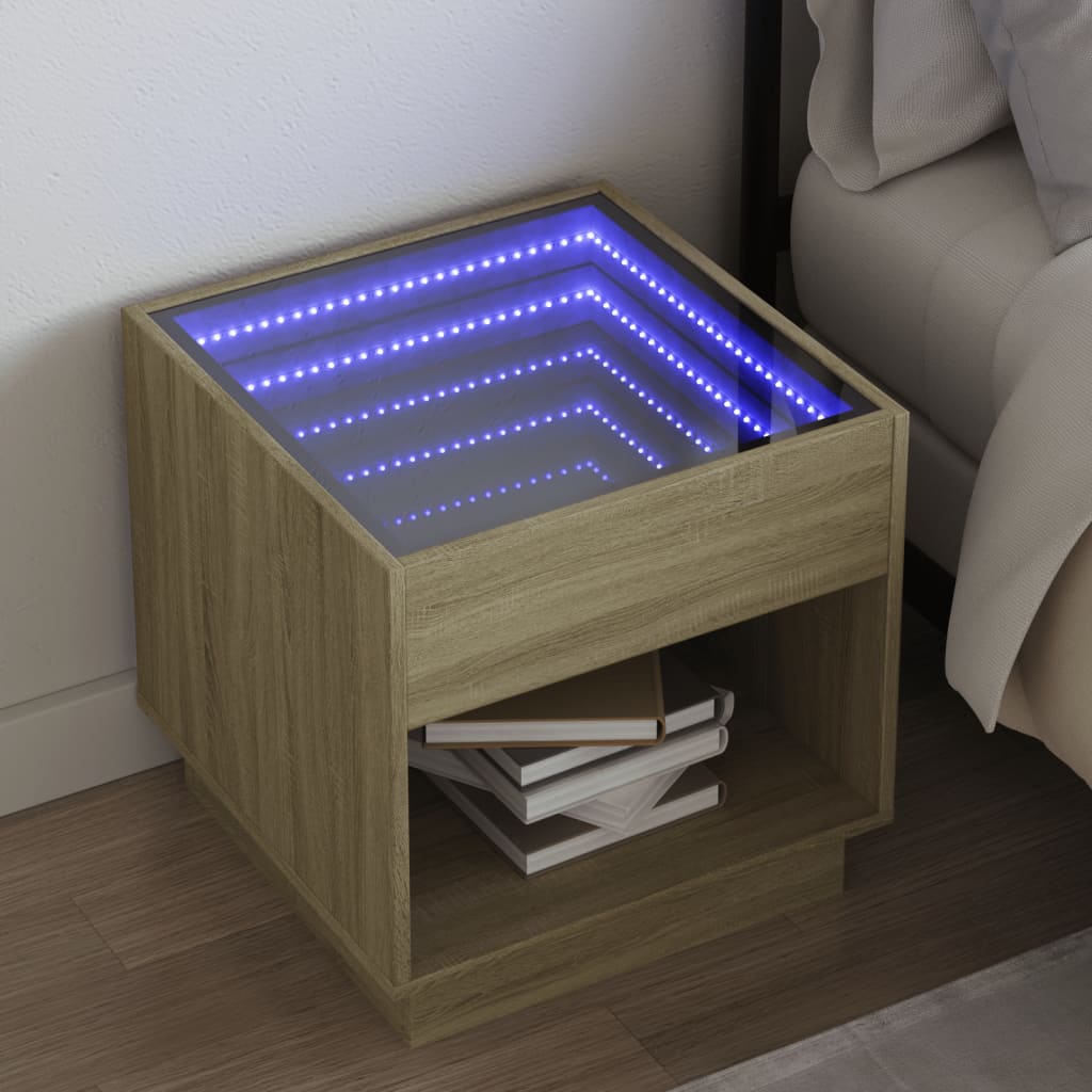 Comodino con LED Infinity-Tavolino da notte Rovere Sonoma 50x50x50 cm 239643