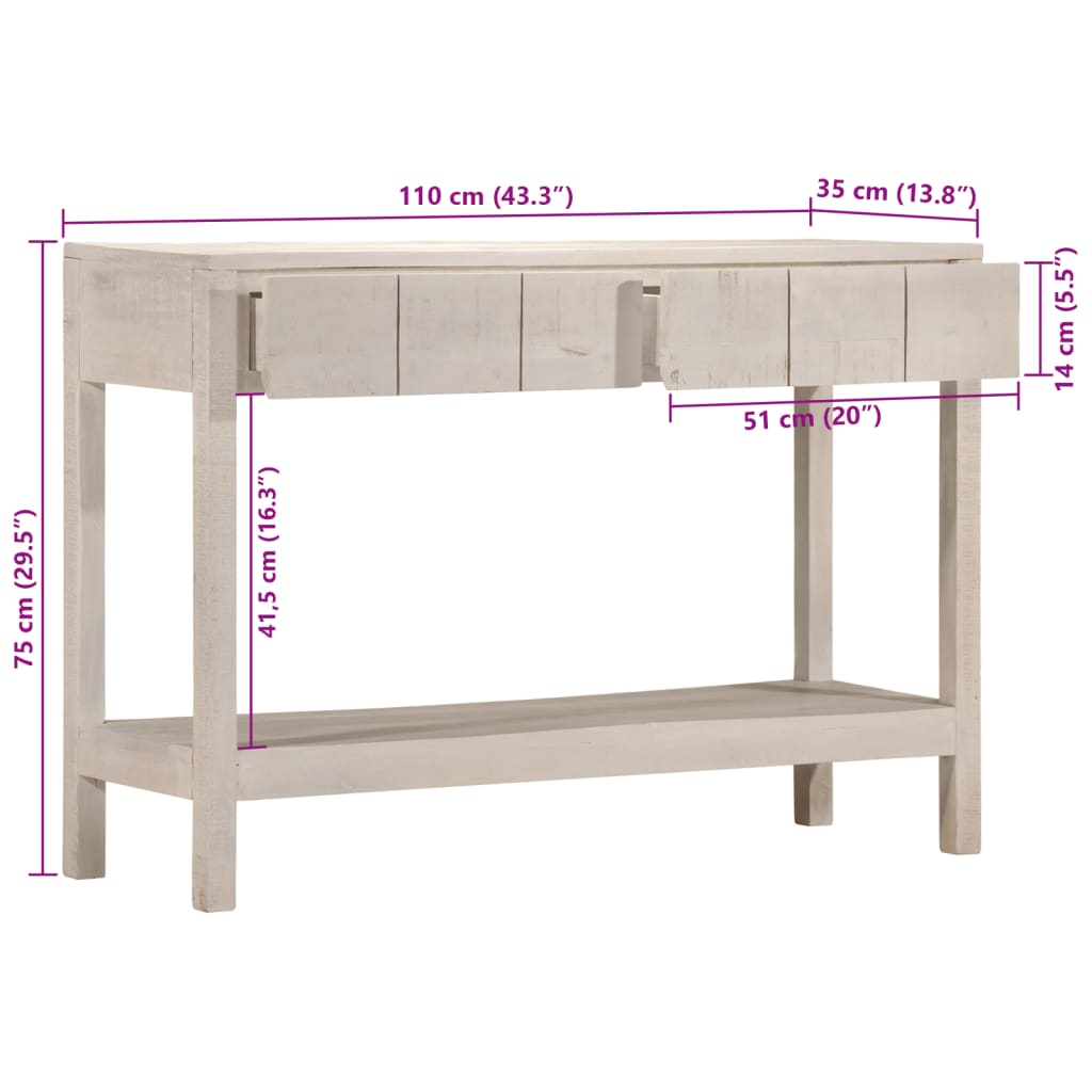 vidaXL Tavolo Consolle Bianco 110x35x75cm Legno Massello di Mango